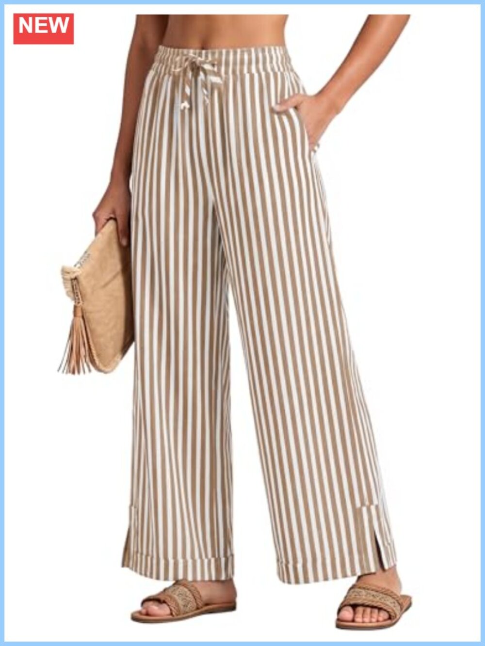 Wide Leg Striped Palazzo Pants Drawstring Tapered Hem with Pockets